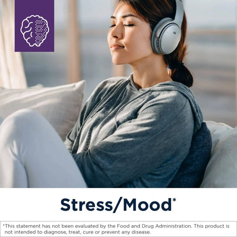 Woman relaxing with headphones, promoting 5mg Lithium Orotate With TMG And B12 Methylcobalamin For Mood Support And Brain Health