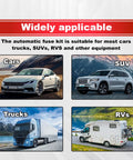 Top Tier Heavy Duty Automotive Fuses Assortment Kit 250 Pieces with images of cars, SUVs, trucks, and RVs showcasing wide applicability.