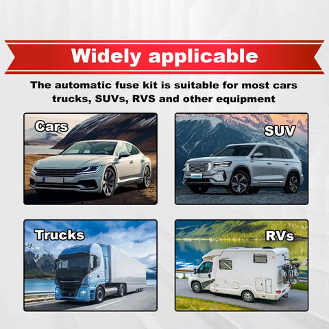 Top Tier Heavy Duty Automotive Fuses Assortment Kit 250 Pieces with images of cars, SUVs, trucks, and RVs showcasing wide applicability.