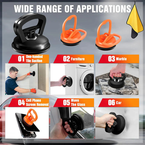 Dent Puller Kit With Suction Cup For Cars Large 4.6 Inch Dent Remover Plus Two Small 2.1 Inch Pullers Microfiber Cloth All In One Auto Dents Repair Tools Bundle Easy DIY Fix black and orange suction cups for car, tile, glass, and marble