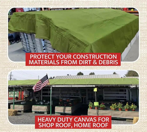 Beefy Heavy Duty 12x20 Olive Green Polyester Tarp 12oz covering building materials and outdoor shop roof.