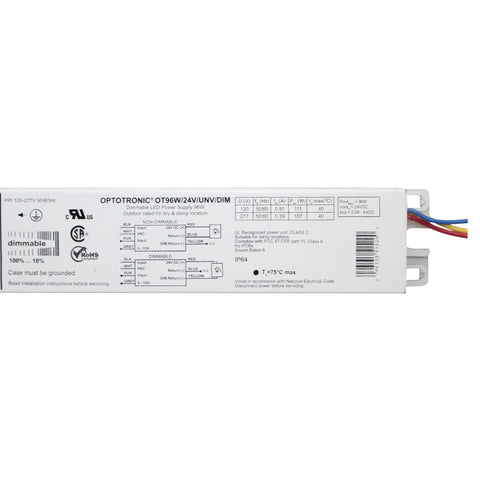 Constant Voltage LED Power Supply 96W 24V DC Dimmable, No-Fuss Outdoor Damp Rated Driver with labels and specifications visible
