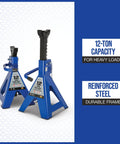Double Locking 12 Ton Jack Stands Pair With 24,000 Pound Capacity Built Tough Heavy Duty Cast Iron Ratchet Drive Large Saddle Surface For Safe Precise Load Support ASME PASE Compliant, shown with large saddle surface and reinforced steel frame.