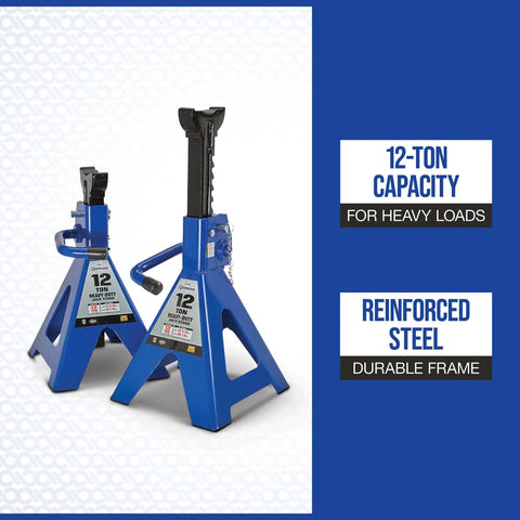 Double Locking 12 Ton Jack Stands Pair With 24,000 Pound Capacity Built Tough Heavy Duty Cast Iron Ratchet Drive Large Saddle Surface For Safe Precise Load Support ASME PASE Compliant, shown with large saddle surface and reinforced steel frame.