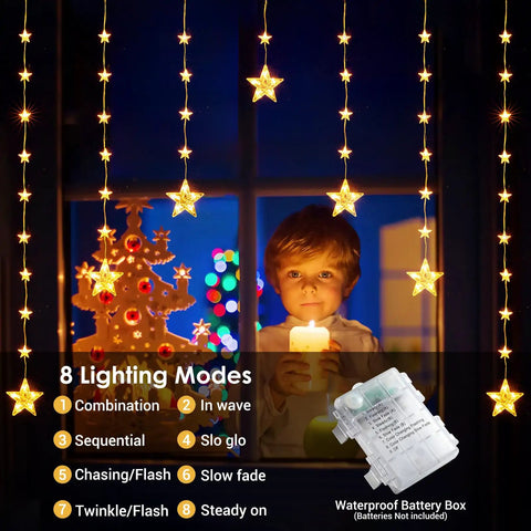 46 Stars Curtain Lights Battery Operated Christmas Window Lights Warm White With Timer Memory Function shown on window at night.