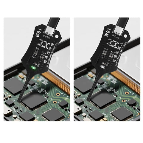Electromagnetic Inductance Tester Kit for motherboards, close-up of coil testers diagnosing PCB components with precise readings.