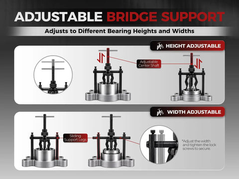 Adjustable bridge support showing height and width adjustments for Heavy Duty 3 Jaw Internal Bearing Puller for quick extraction.