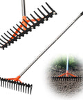Heavy Duty Garden Rake With 17 Tempered Spring Steel Tines And 62 Inch Stainless Steel Adjustable Handle, shown in use on soil