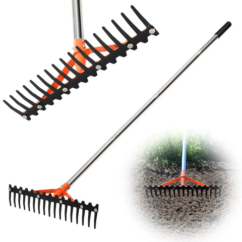 Heavy Duty Garden Rake With 17 Tempered Spring Steel Tines And 62 Inch Stainless Steel Adjustable Handle, shown in use on soil
