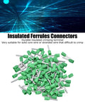 A Sweet 1000 Piece Insulated Ferrule Kit Crimp Terminals For Stranded Wire Copper Cord End Connectors With Heat Resistance And Electrical Pin Terminals Perfect For Auto And Industrial Wiring Projects To Keep Things Secure. Green insulated ferrules arranged in a bulk pile for stranded wire crimping.