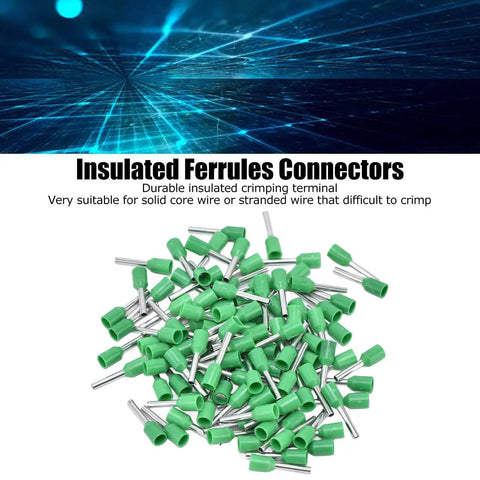 A Sweet 1000 Piece Insulated Ferrule Kit Crimp Terminals For Stranded Wire Copper Cord End Connectors With Heat Resistance And Electrical Pin Terminals Perfect For Auto And Industrial Wiring Projects To Keep Things Secure. Green insulated ferrules arranged in a bulk pile for stranded wire crimping.