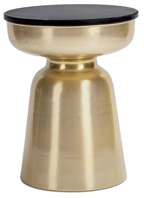 Hourglass Accent Side Table With Natural Granite Top And Brushed Brass Base, 16 Inch Diameter, bedroom or living room table.