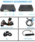 Wireless CarPlay And Android Auto Interface For Cadillac CTS 2009-2013 Retrofit Kit accessories including power, video, mic, and WiFi antenna cables.