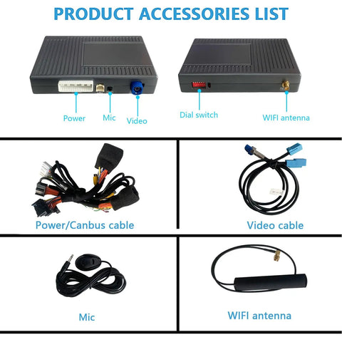 Wireless CarPlay And Android Auto Interface For Cadillac CTS 2009-2013 Retrofit Kit accessories including power, video, mic, and WiFi antenna cables.