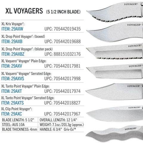 XL Voyager knives, variety of 5.5-inch blade styles and specifications, including Razor Sharp Kris Blade Folding Knife With 5.5 Inch Blade AUS10A Steel 6.75 Inch Griv Ex Handle Tri Ad Lock Everyday Carry Tactical EDC Knife For Urban Adventures.