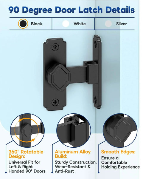 Built Tough Aluminum Pocket Door Lock With 90 Degree Flip Latch for barn doors, shown with black finish and 360° rotation feature.