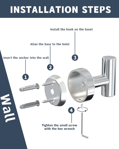 Installation steps for Two Pack Polished Chrome Wall Mount Towel Hooks For Bathroom Kitchen Garage Heavy Duty 304 Stainless Steel Coat Robe Hanger Cabinet Closet Door Hook Rack For Hotel Pool