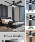 Black Flush Mount Ceiling Fan With Lights in bedroom, low profile design, dimmable LED, 3CCT, 52-inch
