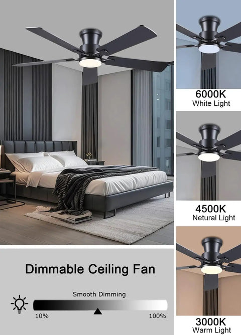 Black Flush Mount Ceiling Fan With Lights in bedroom, low profile design, dimmable LED, 3CCT, 52-inch