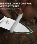 Whiskey Jack Fixed Blade Knife 2.06 Inch Drop Point AEB L Blade Steel cutting rope, ergonomic handle visible, outdoor setting