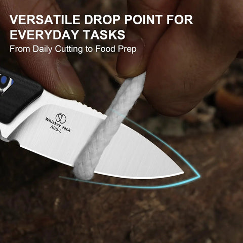 Whiskey Jack Fixed Blade Knife 2.06 Inch Drop Point AEB L Blade Steel cutting rope, ergonomic handle visible, outdoor setting