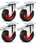 Tough As Nails Heavy Duty Caster Wheels With Dual Locking Brakes, Smooth Rolling Rubber Casters For Workbenches And Dollies, Built Like A Tank Steel Housing, 600 Lbs Load Per Wheel, 4 Pack Red - close-up of four red and black rubber caster wheels