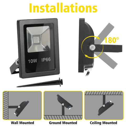 Outdoor RGB LED Flood Lights 10W Waterproof Security Lights With Remote US Plug 120 Degree Beam Color Changing Memory Ideal For Garden Backyard Garage Landscape Stage Decor 5 Pack installation options