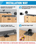 Instructional steps for installing Soft Close Barn Door Mechanism Set With Hole Free No Drill Installation on wooden door.