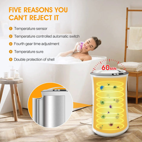 Large Towel Warmer For Bathroom With 4 Heating Modes Auto Shut Off and spa features beside a bathtub with a relaxing woman