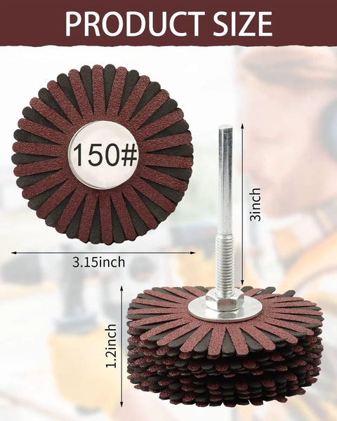 2 Pack 150 Grit Nylon Abrasive Flap Wheel With One Quarter Inch Shank side view showing 3.15in diameter and length measurements