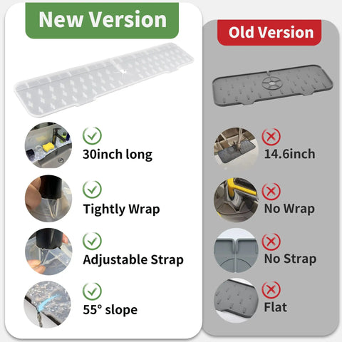 Comparison of XXL 30 Inch Silicone Faucet Mat Splash Guard Drip Catcher Tray With Self Draining Slopes and old version mat