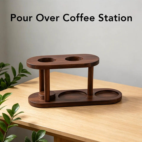 Handcrafted Solid Wood Pour Over Coffee Station With Elevated Dripper Stand And Spill Catching Tray on wooden table