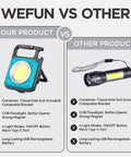 Comparison of two LED flashlights, one with collapsible bracket and COB floodlight. Includes Go-To Mini COB Flashlight Keychain 1000 Lumens With 4 Modes, Rechargeable Waterproof Portable LED Light With Magnetic Base, The Ultimate Grab-And-Go Tool For Hiking, Camping, Emergencies, Survival Gear, 2-Pack Red And Blue.