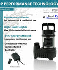 5,500 GPH Submersible Pond Pump With Hybrid Drive For Waterfalls And Skimmers, image showing product and features
