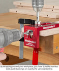 Universal Cross Dowel Jig Deluxe Kit Featuring Seven Heavy Duty Drill Guide Bushings For Bolts And Premium Wood Dowels used on wood.