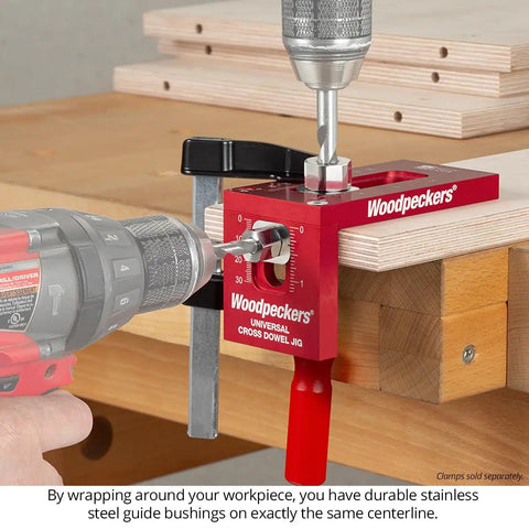 Universal Cross Dowel Jig Deluxe Kit Featuring Seven Heavy Duty Drill Guide Bushings For Bolts And Premium Wood Dowels used on wood.