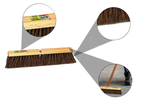 Heavy Duty 18 Inch Palmyra Bristle Push Broom For Garage Indoor Floor Sweep with wooden block and bristles in use.