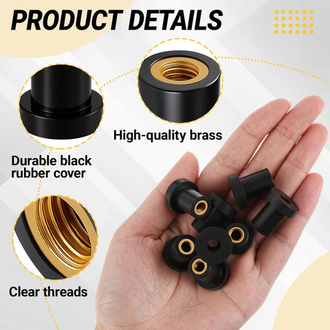 Heavy Duty Rubber Well Nuts With Solid Brass Sleeve Inserts, 1/4 20 X 3/4 Inch Length, 40 Pack in hand, showing rubber cover and brass insert.
