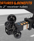 Tri Ball Trailer Hitch Mount with 5/8 Inch Pin attached to 2-inch receiver on vehicle, showing three ball sizes, black finish.