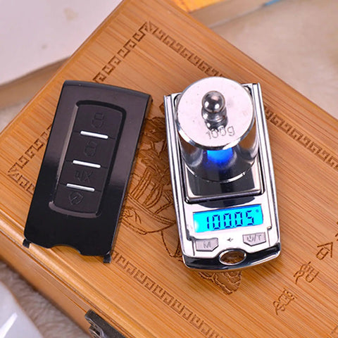 Tiny Car Key Sized LCD Digital Balance Scale Dope Pocket Gram Scale for Jewelry with silver weight on wooden box