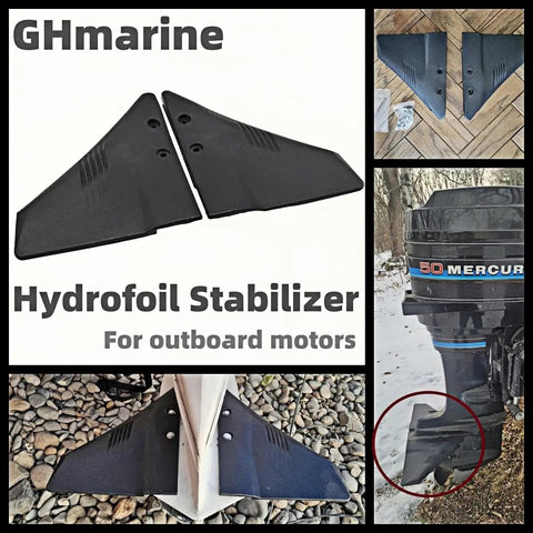 Doel Fin Hydrofoil Stabilizer for Outboard Motors and Stern Drives, shown on boat with Mercury engine, improves fuel economy.