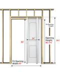 Smooth Sliding Pocket Door Kit 24x80 With Raised 2 Panel Arch Top White Primed Door Slab Installed in Frame with Measurements
