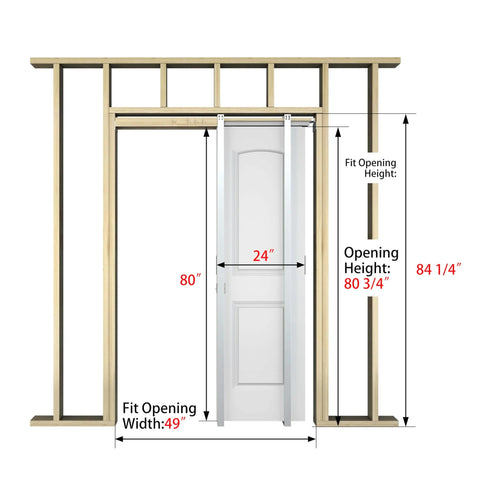 Smooth Sliding Pocket Door Kit 24x80 With Raised 2 Panel Arch Top White Primed Door Slab Installed in Frame with Measurements