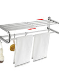 Adjustable 15 To 25 Inch Towel Rack With Shelf For Bathroom And Lavatory Double Towel Bar Rod Four Hooks Wall Mount Multifunction Towel Holder Hotel Style Stainless Steel Polished Chrome with towels and hooks visible.
