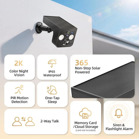 2 Pack Solar Powered Security Cameras Wireless Outdoor 2K WiFi Cameras With AI Motion Detection Color Night Vision IP65 Waterproof Cloud And Local SD Card Storage For Home Surveillance Easy No Fuss Setup, showing features like color night vision and solar power.