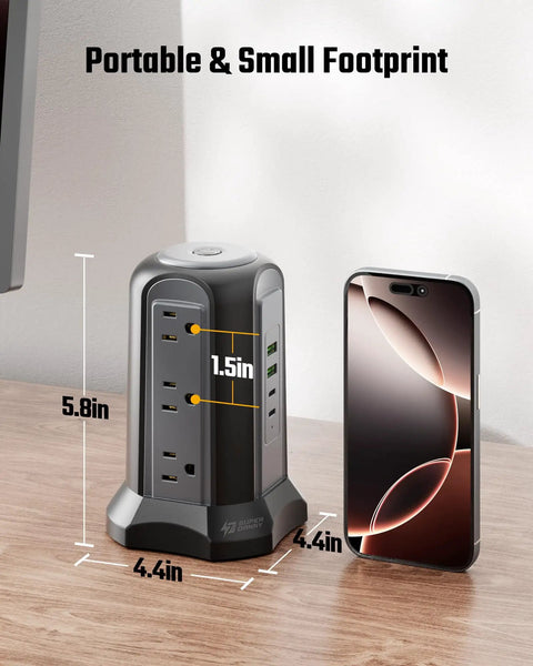 Nine Outlet Tower Surge Protector With Four USB Ports And A 10 Ft Cord, Grounded Plug In Desktop Charging Station, 1080 Joules, Three Prong Power Strip For Home And Office, Black. Shown beside a smartphone for size comparison.