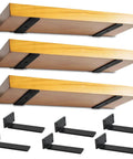 Beefy Heavy Duty Floating Shelf Brackets Built With Premium Solid Steel Five Millimeter Thick Industrial Black L Shaped Shelf Supports For Heavy Shelves 200 Pound Per Pair Stud Or Brick Wall Mount 6 Pack shown with wooden shelves