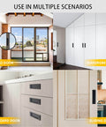Two Pack Finger Flush Aluminum Alloy Pull Handles For Sliding Doors, Pocket Doors, Drawers And Cabinets, Rectangular Recessed Pull Hardware In Black Finish, Easy Install, Modern Barn Door Style For Home Or Garage, shown in various doors and cabinets.