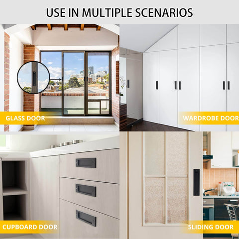 Two Pack Finger Flush Aluminum Alloy Pull Handles For Sliding Doors, Pocket Doors, Drawers And Cabinets, Rectangular Recessed Pull Hardware In Black Finish, Easy Install, Modern Barn Door Style For Home Or Garage, shown in various doors and cabinets.