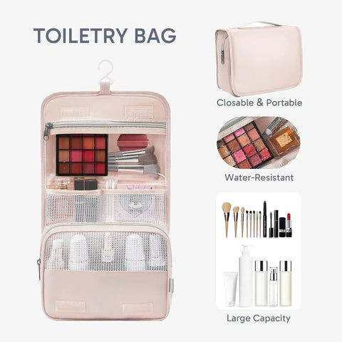 Hanging toiletry bag from 10 Piece Packing Cube Set For Travel With Anti Tear Luggage Organizer, showing compartments and cosmetic items.